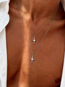 2pcs Gold Double Layer Four-Pointed Star Men's Necklace, Minimalist Cross Star Pendant Layered Chain, Versatile Luxury Accessory Gift For Autumn/Winter Shirts And Coats - 2pcs - View 6