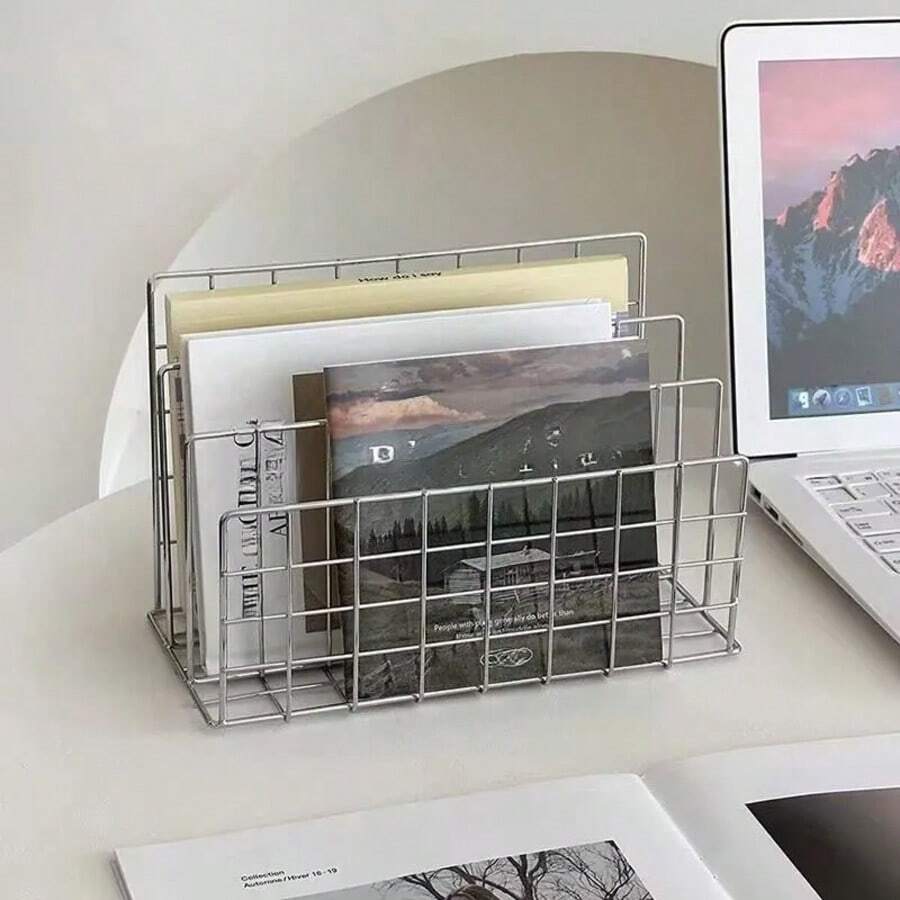 Minimalist Iron Desktop Organizer Rack Metal Desk Storage Shelf Book Stand Multifunctional Organizer - Light Grey - View 1