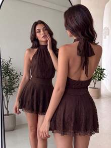 Women's Sexy Halter Neck Sleeveless Lace Mini Dress, Back Tie, Built-In Safety Shorts, Flared A-Line Hem, Suitable For Casual Or Formal Occasions - Brown - View 2