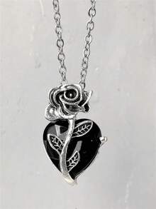 Collar Vintage de Estilo Gótico con Corazón y Rosa, Cadena para Clavícula con Flor Envuelta en Forma de Corazón de Estilo Oscuro, Adecuado para Combinar con Atuendos Diarios, de Fiesta y Casual, Collar con Colgante de Corazón de Rosa con Strass para Mujeres, Día de San Valentín - Negro - Ver 6