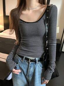 Spring/Summer Daily Round Neck Slim Fit Contrast Color Striped Slimming Versatile Long Sleeve T-Shirt Top - Black - View 2