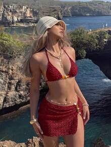 Bikinx 3pcs Women's Summer Wavy Backless Bikini Set, Including Beaded Chiffon Cover-Up Skirt, Suitable For Beach Vacation Red - Red - View 1