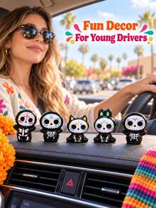 5Pcs Mini Day Of The Dead Sugar Skull Figurines Set, Hand-Painted Colorful Glossy Resin Cute Cartoon Cat Rabbit Skeleton Statues, Spooky Mini Ornaments For Halloween Party, Micro Landscape Fairy Garden, Desktop Shelf Home Office Decoration - A - View 11