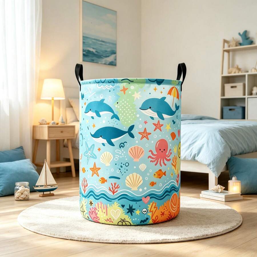 1PC Cute Ocean Marine Life Print Storage Basket With Handles, Cartoon Whale Octopus Seashell Starfish Pattern Laundry Hamper For Clothes And Sundries, Multi‑Purpose Storage For Clothes Sundries, Home Decor & Room Decor - Multicolor - View 1