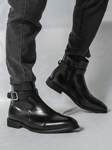 ZCZ Men Cap‑Toe Buckle Ankle Boots, Side Zip Pointed Toe Low Heel Vintage Business Casual Short Boots - Black - View 9