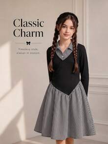 Girls' French Elegant Style Patchwork Dress With Striped Shirt Collar, Ribbed Knit Top And Cinched Waist - Black - View 3