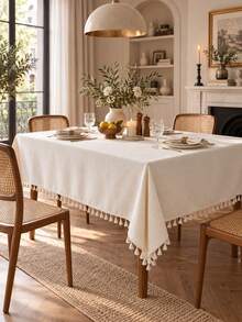 Bubaba 1pc Ivory-White Tablecloth, Rustic Farmhouse Solid Color Linen Tablecloth With Cream Tassels, Suitable For Dining Room, Kitchen, Tabletop, Party, Holiday, Hotel, Cafe, Bedroom, All Season - White - View 8
