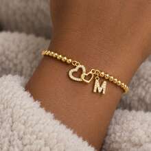 1pc New Double Heart Initial Pendant Golden Adjustable Chain Bracelet For Women - Yellow Gold - View 1