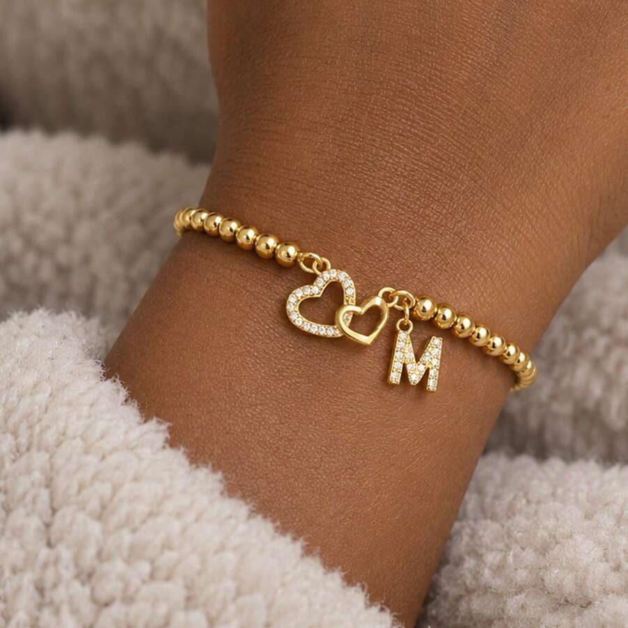 1pc New Double Heart Initial Pendant Golden Adjustable Chain Bracelet For Women - Yellow Gold - View 1