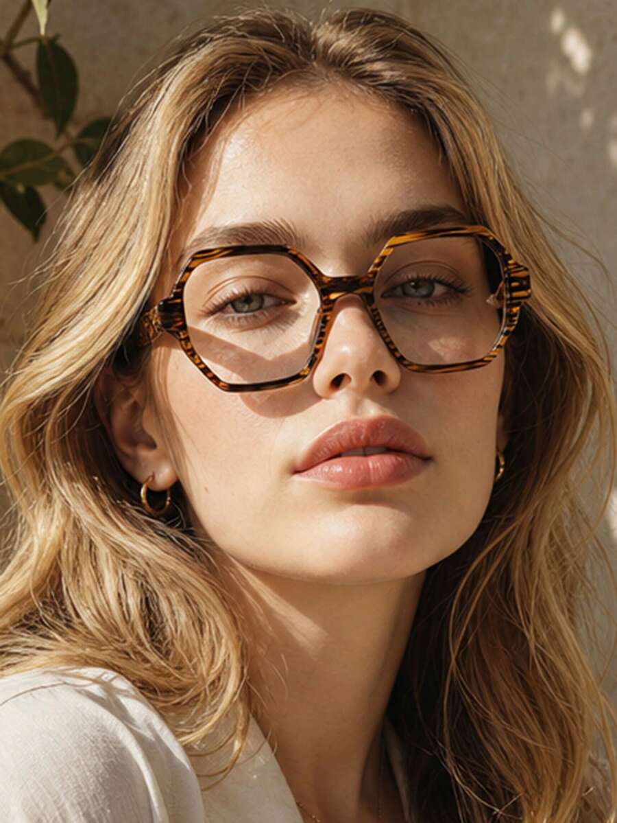 1 Pair Women's Polygon Frame Yellow Striped Clear Lens Glasses, Minimalist Versatile Fresh Face-Flattering Eyewear, Suitable For Short Trips, Friend Gatherings, Daily Commute, Artistic Store Visits - Clear - View 1