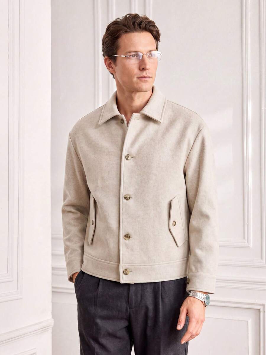 Officeau GOLDREDY Men's Korean Style Loose Fit Turn-Down Collar Utility Pocket Versatile Single-Breasted Wool Blend Casual Jacket - Beige - View 1