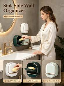 1pc Luxury Gold-Rimmed Wall-Mounted Soap Holder, Drill-Free Adhesive Installation, No Wall Damage, Stable Load-Bearing, Flip Cover Dust-Proof Drainage With Water Tray To Keep Soap Dry, Wall-Mounted Soap Holder, Drill-Free Soap Holder, Luxury Soap Holder, Flip Cover Drainage Soap Holder, Wall Soap Rack, Bathroom Soap Rack, Nail-Free Soap Holder, Sink Soap Holder, Drainage Soap Holder, Dust-Proof Soap Holder, Rental Bathroom Storage, Bathroom Shelf, Wall-Mounted Soap Storage - Multicolor - View 1