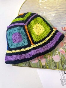 OBOVAY 1 buah Topi Ember Wanita Y2K Warna-warni Buatan Tangan, Topi Rajut Patchwork Blok Warna Gaya Hip-Hop Jalanan, Cocok untuk Pemakaian Sehari-hari, Liburan, Bohemian - Sepuluh warna - View 10