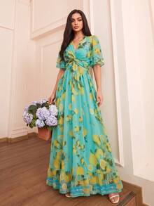 Elegant Women's Lake Green Lemon Print V-Neck Twist Knot, Ruffle Short Sleeve Long Dress, Suitable For Summer Wear - Green - View 4
