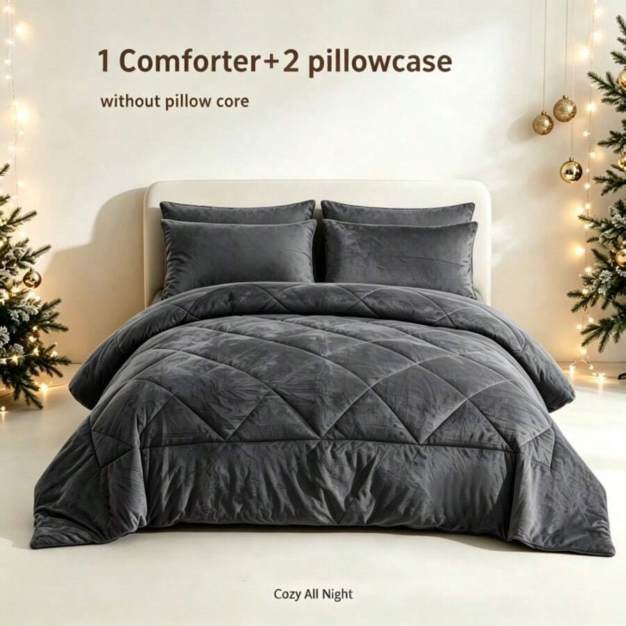 3Pcs Velvet Grid Quilted Comforter Set, Soft Warm Bedding Set With 2 Pillowcases, Pillow Insert Not Included, Vacuum Packed For Bedroom Guest Room - Dark Grey - View 1