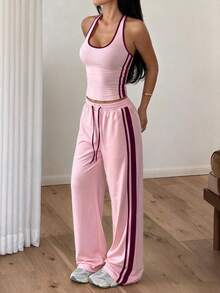 Women's Elegant Vacation Halter Neck Side Stripe Set - Pink - View 6