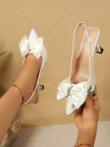 Spring/Summer New Elegant White Women's Pointed Toe Slingback Pumps With Rhinestone Bow, High Heel Sandals For Wedding, Banquet And Versatile Occasions - White - View 1