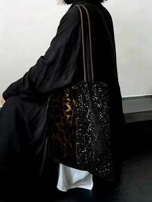 2026 New Leopard Print Sequin Shoulder Bag Women's Underarm Chinese Style Colorblock Canvas Tote Handbag - Black - View 5