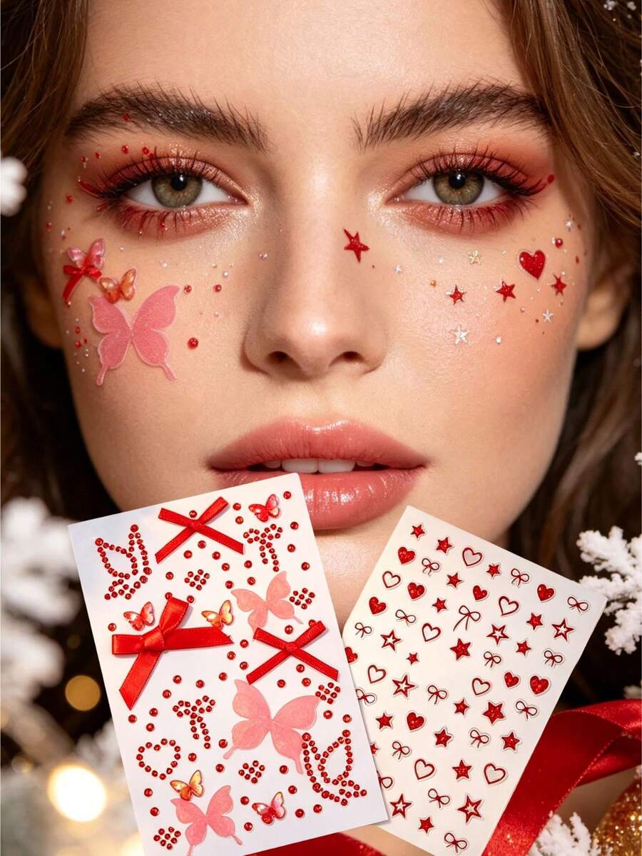 1 buah/1 set Stiker Wajah Tema Natal Tahun Baru, Stiker Wajah Pita Merah dengan Hiasan Berlian Imitasi, Stiker Wajah Kombinasi Hati & Bintang, Stiker Dekorasi Riasan Suasana Pesta Liburan Natal dengan Pinset Eksklusif - Merah - View 1