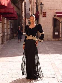 LOVE&LEMONADE Elegant Women's Black Long Sleeve Gold Embroidered Lace Hem Tassel Trim Fitted Dress - Black - View 3