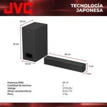 JVC Barra de Sonido 2.1 Canales Subwoofer Inalámbrico 85W RMS Bluetooth 5.3  ARC con CEC  Entrada Óptica  AUX 3.5 mm  TV Ready Control Remoto  Modelo SB116R - Negro - Ver 2