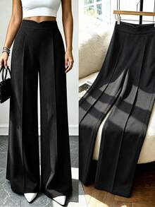 Fashion Plus Size Black Wide Leg Pants For Women, Elegant Long Non-Stretch Fabric Trousers, Creating A High-End Look - Multicolor - View 1