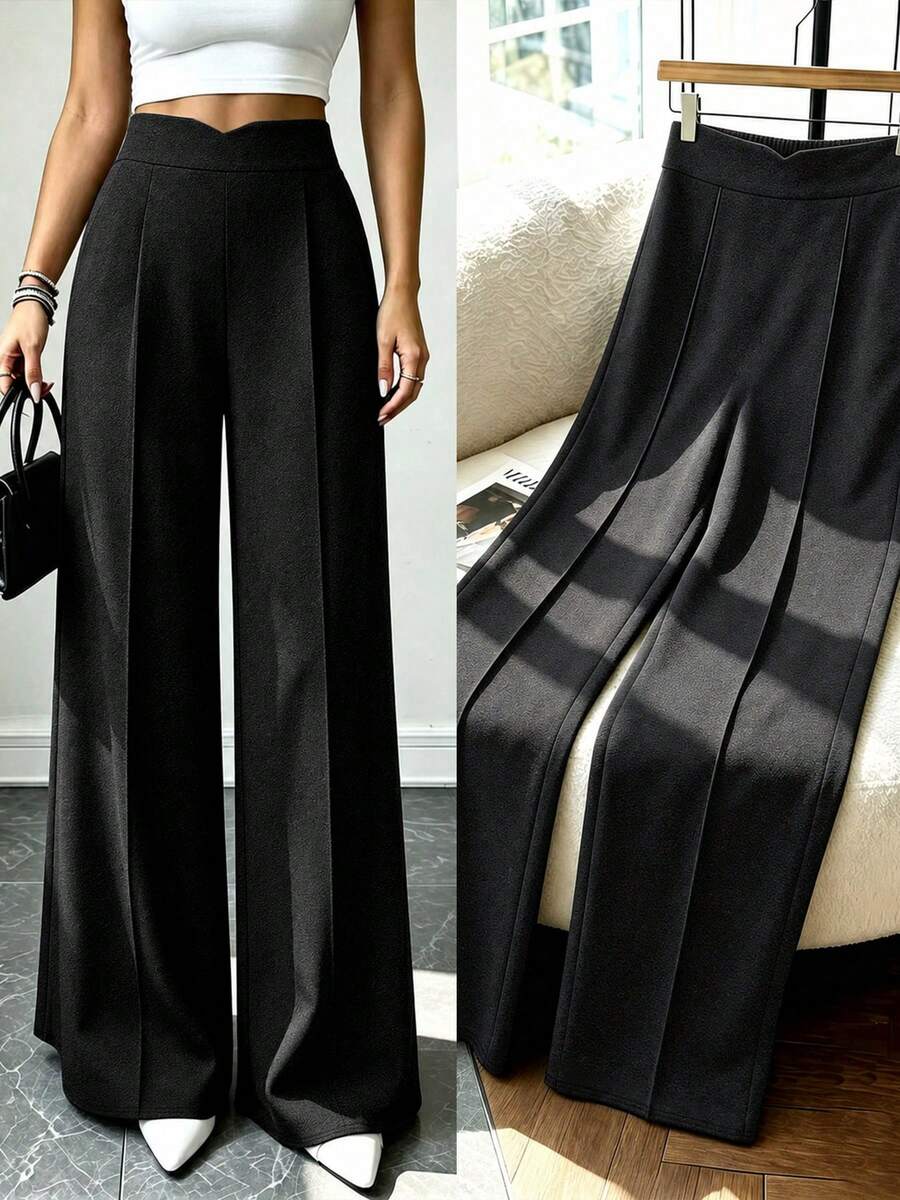 Fashion Plus Size Black Wide Leg Pants For Women, Elegant Long Non-Stretch Fabric Trousers, Creating A High-End Look - Multicolor - View 1