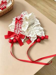 1pc Women's Vintage Plaid Lolita Hair Accessory, Multi-Layer Lace Ruffle Ribbon Hair Clip, Sweet Pastoral Style - Multicolor - View 3