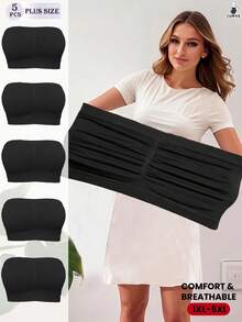 5pcs Plus Size Bandeau Bra Tube Tops Autumn Winter Thermal Seamless Wireless Strapless Bralette Soft Daily Basic Underwear Intimates - Black - View 2