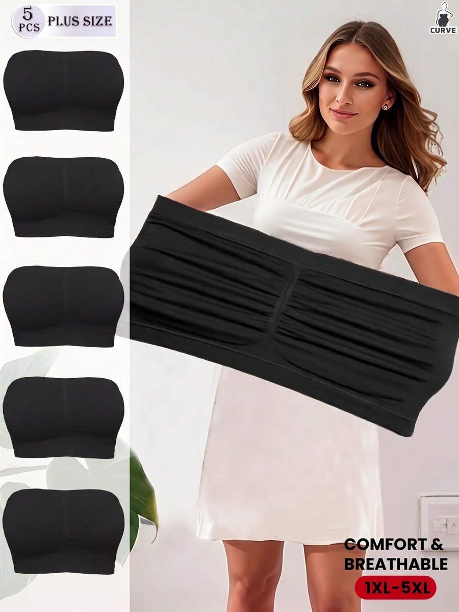 5pcs Plus Size Bandeau Bra Tube Tops Autumn Winter Thermal Seamless Wireless Strapless Bralette Soft Daily Basic Underwear Intimates - Black - View 1