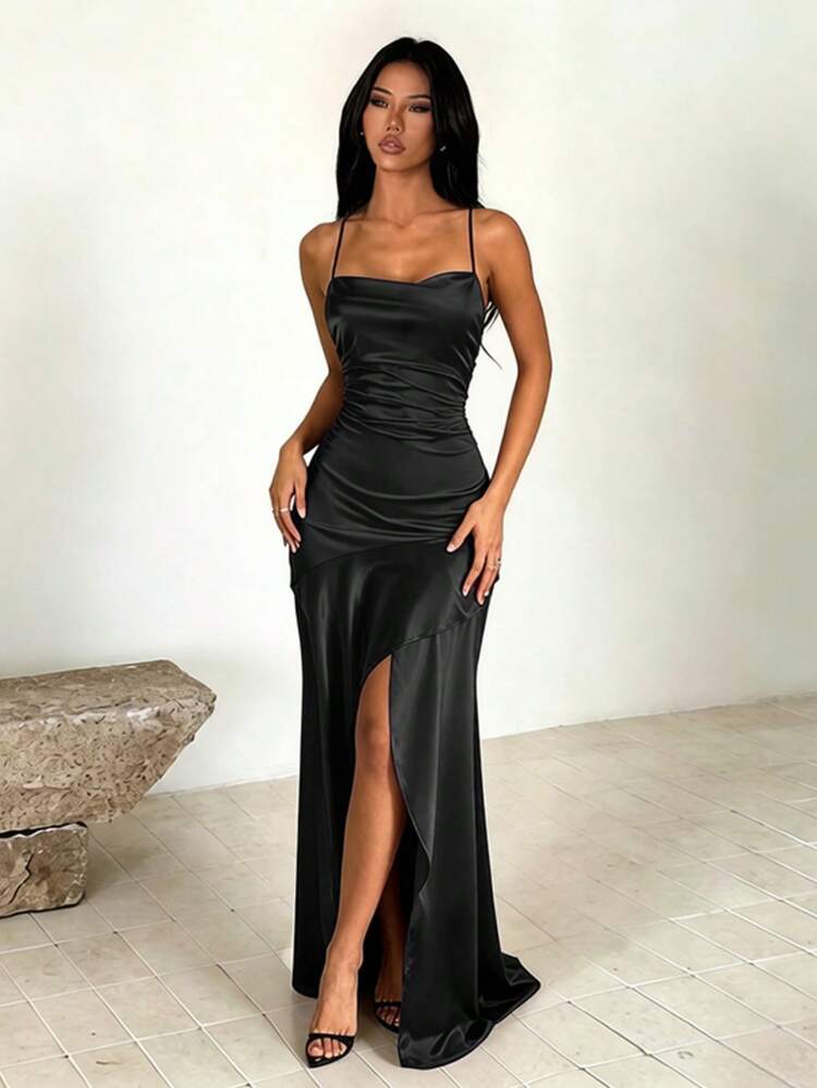 Women's Summer Black Valentine's Day Dress, Square Neck Tie Back Open Back Ruffle Party Dress, Elegant For Dating, Party, Travel, Vacation And Beach