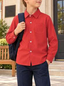 Boys' Red Long Sleeve Button-Up Shirt, Classic Collar With Chest Pocket, Suitable For Back To School, Weddings, Parties And Formal Occasions - Red - View 2
