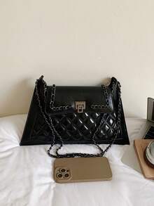 Vintage Chain Underarm Bag, High-End Glossy Lock Clasp, Large Capacity Women's Commuter Shoulder Bag - Black - View 9