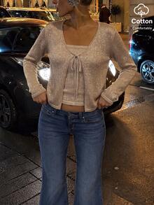Women's Shiny Cotton Yarn Front Tie Long Sleeve Knit Cardigan, Evening Party Outfit - Apricot - View 5