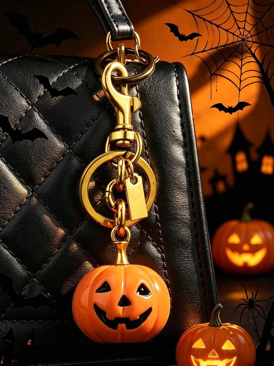 1pc Halloween Skull Pumpkin Shaped Keychain Cute Key Holder Anti-Lost Backpack Decoration - Gold - View 1