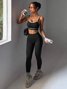 Women Seamless Ribbed 2 Pieces Activewear Set Contrast Trim Double Strap Cami Top Tummy Control High Waist Leggings Gym Yoga Pilates Outfit - Black - View 4