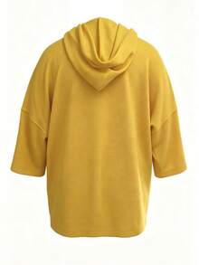 Women's Solid Color Hooded Sweatshirt, Loose Fit, Dropped Shoulder Design, 3/4 Sleeve, Drawstring Detail, Casual Everyday Top - Yellow - View 2