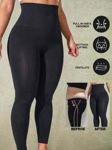 1pc Plus Size Women's Shaping Pants, Abdominal Compression, Cinched Waist, Butt Lift Sculpting - Black - View 5