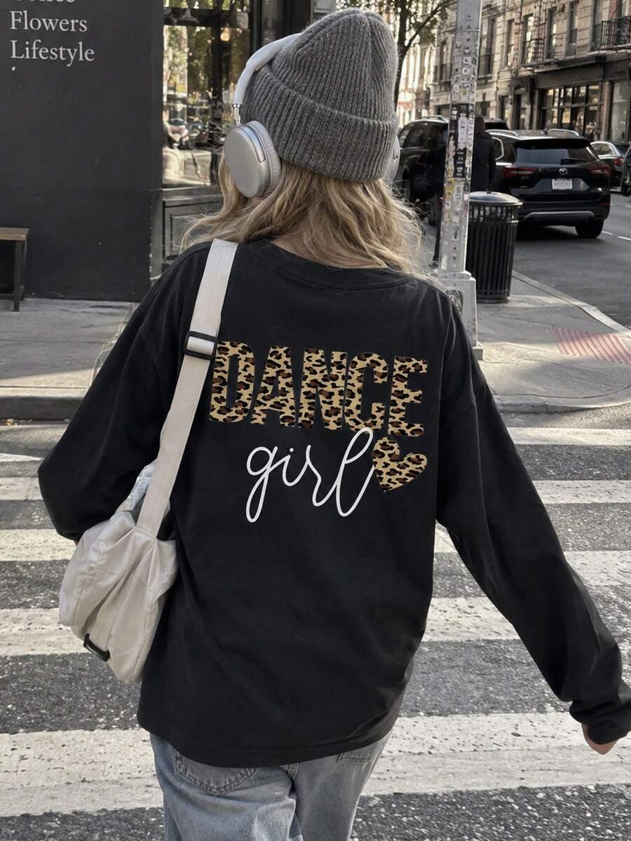 Tween Girl 1pc Casual Printed Long Sleeve T-Shirt, Spring & Autumn, Young Student Children Wear, Fashionable Warm Comfortable Fit Top For Big Girls & Teenagers, Autumn Outfit - Black - View 1