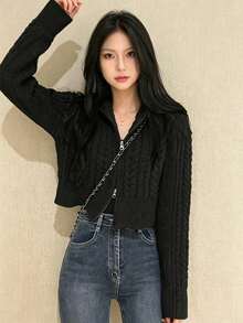 YCYC 女款長袖休閒雙拉鍊短版針織開襟衫 - 黑色 - 查看 6