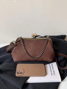 Vintage Distressed Zipper Bag, Metal Chain Texture One Shoulder Crossbody Niche Commuter Women's Handbag - Coffee - View 9