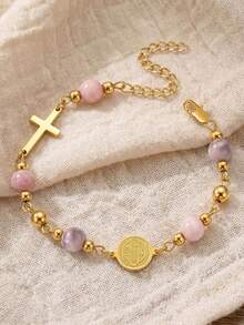 Pink Natural Stone Bead Adjustable Stainless Steel Bracelet, First Communion Baptism Gift For Believers Wife Friends - St. Benedictine Pink Zebra Bracelet - View 1