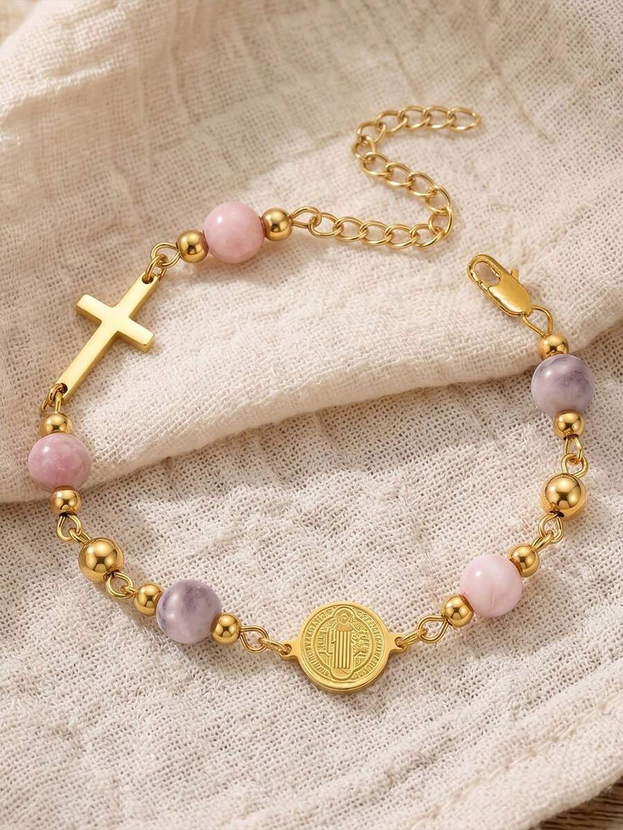 Pink Natural Stone Bead Adjustable Stainless Steel Bracelet, First Communion Baptism Gift For Believers Wife Friends - St. Benedictine Pink Zebra Bracelet - View 1