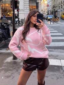 Women's Pink Round Neck White Abstract Print Loose Knit Sweater, Long Sleeve Ribbed Hem Pullover, Sweet Girl Y2K Style Vacation - Pink - View 2