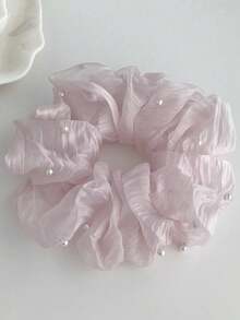 4/1pc New Women's Solid Color Soft Mesh Beaded Hair Scrunchie, Elegant & Versatile Ponytail Hair Accessory - Multicolor - View 8