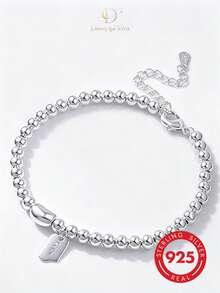 1pc Luxury Basic S925 Sterling Silver Polished Small Round Bead Bracelet With Crescent-Shaped Bean Bead + Rectangular Engraved Pendant, Women's Atmospheric Accessory - Silver - View 4