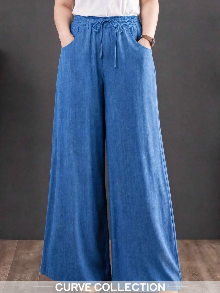 Women's Plus Size Straight Leg Pants, Drawstring Waist With Pockets, Non-Stretch Fabric, Casual And Comfortable - Blue - View 1