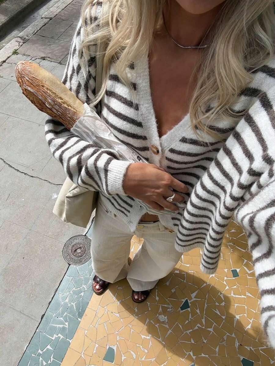 Women's Fall Winter Striped Cardigan, V Neck Long Sleeve Button Up Knit Top, Cozy Short Cardigan - White - View 1