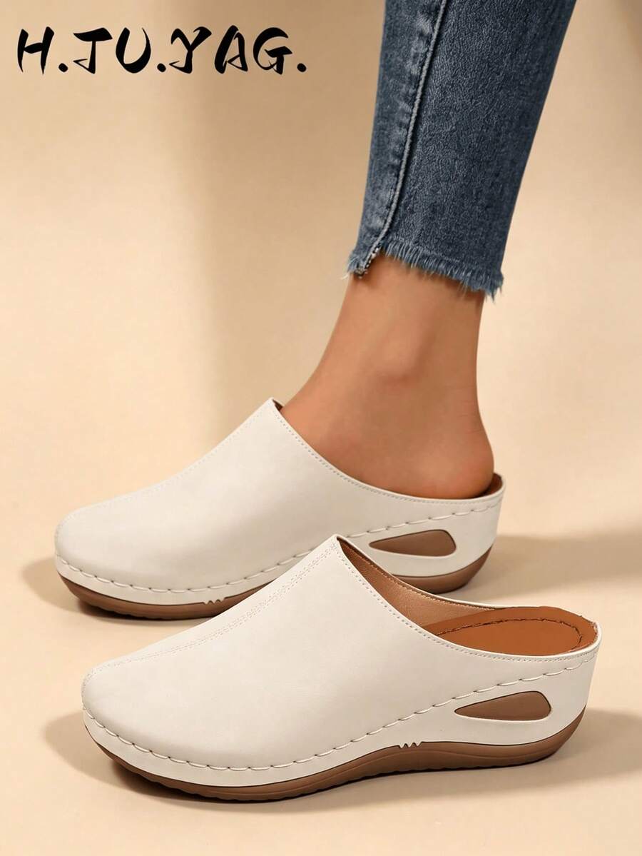 Fashionable Women's New Wedge Heel Thick Sole Closed Toe Mule Slides, Lightweight Comfortable Soft Bottom Slippers For Home And Walking, Spring/Autumn