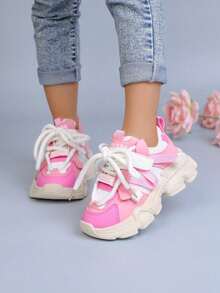 1 Pair New Chunky Sneakers For Summer And Autumn, Versatile Fashionable Leather Upper, Durable - Pink - View 7